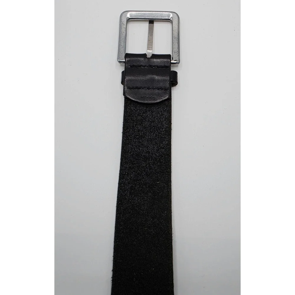 DKNY Jeans Mens Black Leather Belt Silver Square Logo Buckle Made in Mexico 34